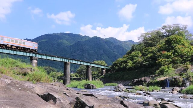 Slow Motion Local Train Crossing River Bridge in Rural Japan | Scenic 4K | No Audio
