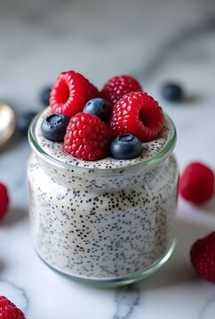Layered parfait dessert with berries, yogurt, granola, and chia seed pudding, macro shot.