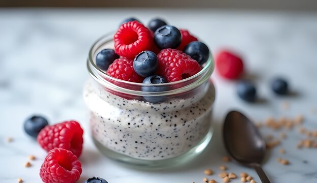 Layered parfait dessert with berries, yogurt, granola, and chia seed pudding, macro shot.