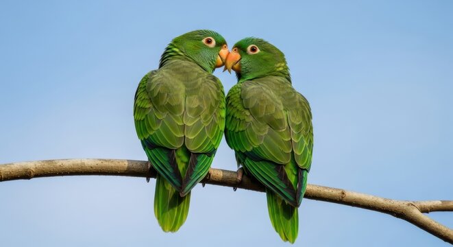Two beautiful green parrots perched on a branch against a clear blue sky, showing affection and bonding in nature