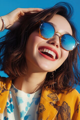 Fototapeta premium A woman wearing sunglasses and a yellow jacket on a sunny day