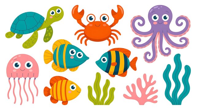 set of funny cartoon fishes