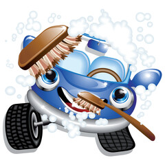 Car Washing Service Cute Cartoon joyful and funny Character enjoying bath and brushing vector illustration 