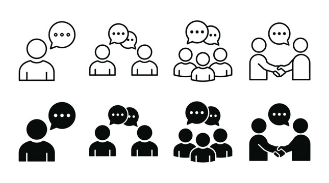 Communication icon set showing people talking, group discussion and collaboration. Vector icons for business communication, teamwork, meetings, negotiation, social interaction and user interfaces.