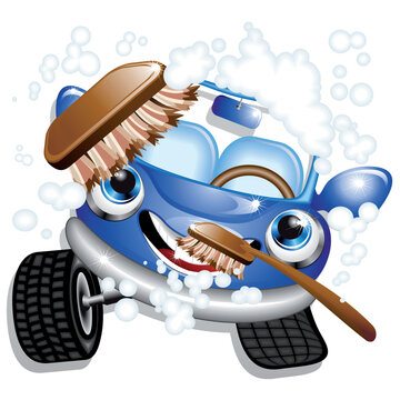 Car Washing Service Cute Cartoon joyful and funny Character enjoying bath and brushing vector illustration
