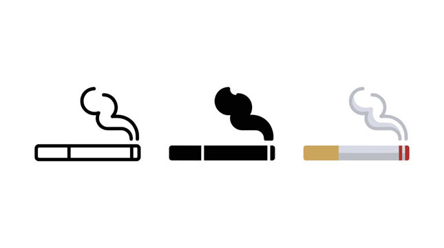 Cigarette icon. Smoking cigarette with smoke symbol. Tobacco product illustration for health, addiction and smoking concept. Nicotine use and smoking habit pictogram for medical or warning context.
