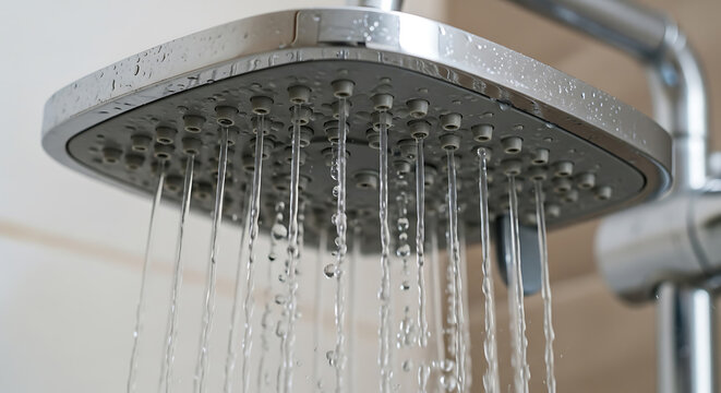 Modern square showerhead with water droplets flowing isolated on transparent background