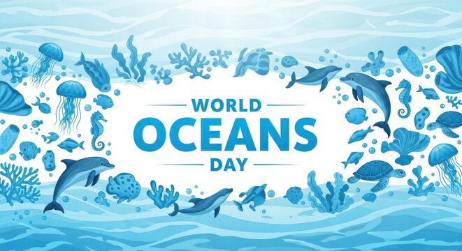 World oceans day background with marine life, dolphins, turtles, jellyfish, corals and sea plants in blue colors