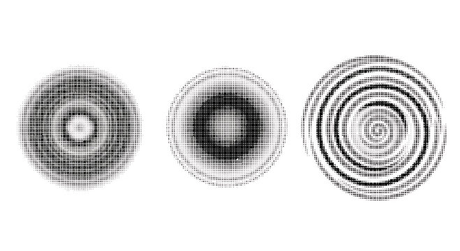 halftone dots patterns in circles and ovals with black and white shading