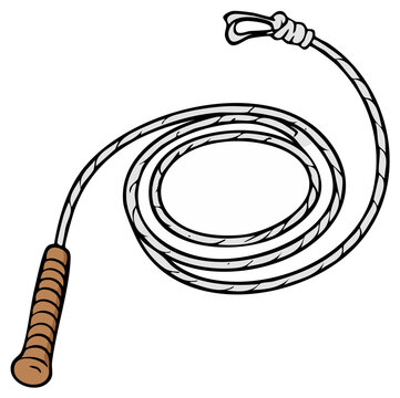Cartoon illustration of a coiled bullwhip with a wrapped handle and a looped tip for Adobe Stock