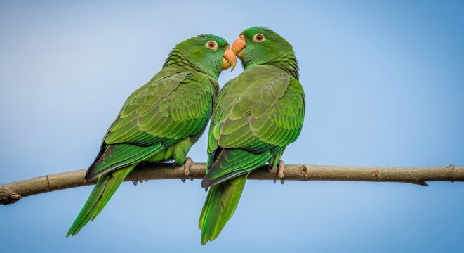 Two beautiful green parakeets perched on a branch against a clear blue sky, showing affection and companionship in nature