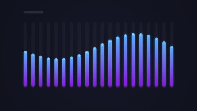 Vertical bar chart columns with blue to purple gradient fill and rounded dot caps rise and fall in varying heights over a dark navy background, forming a dynamic data visualization analytics