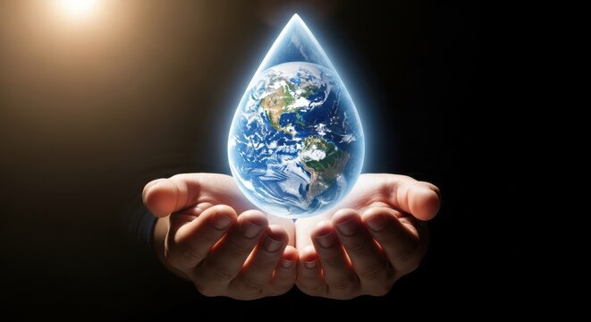 A glowing water drop containing planet earth held in human hands, symbolizing environmental conservation, sustainability, and the protection of global water resources