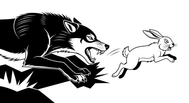 Wolf chasing a running rabbit fast.