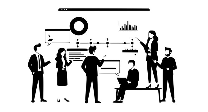 Project timeline teamwork illustration with business people using collaboration software and digital dashboard isolated on white

