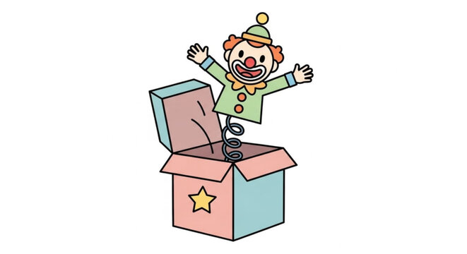 A cheerful clown emerges from a colorful box with a spring symbolizing surprise and joy in a whimsical scene