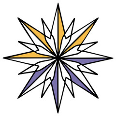 Obraz premium Geometric starburst emblem with yellow, purple and white segments, clean graphic design, isolated shape.