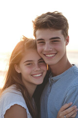 Fototapeta premium A romantic moment between two people as they hug on the beach