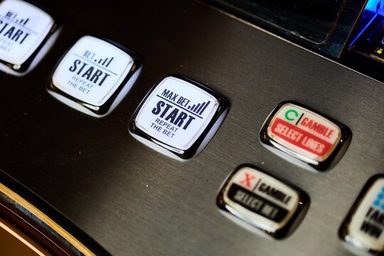 Close Up of Slot Machine Control Panel Buttons Start Max Bet Gambling Casino Concept