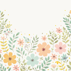 Obraz premium Soft pastel floral border design with gentle blooming flowers and green leaves for elegant graphics.flower vector
