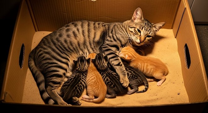 Mother cat nursing kittens inside wooden box.