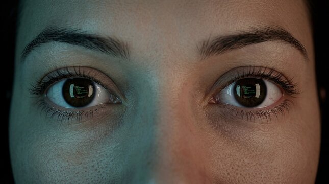 Hyperrealistic CGI extreme close-up female engineer 
eyes reflecting code monitor screen with dual 
monitor glow illumination black background, 
Platon National Geographic Black Mirror style 
premium