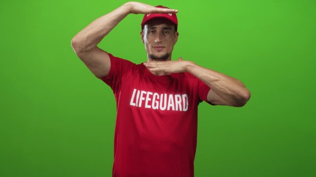 Lifeguard man in red shirt and cap frames his head with flat hands showing muscular forearms against green screen studio; vigilance duty.