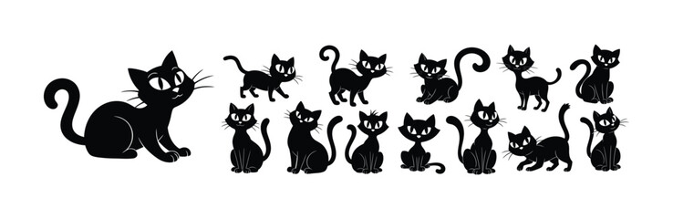 Collection of stylized black cat illustrations in various playful poses and expressions for whimsical design elements. © Fountain