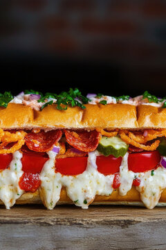 A large sub sandwich filled with various toppings