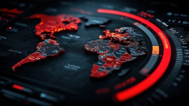 A futuristic digital world map highlighting continents in red with data overlays and circular graphical elements on a dark background.
