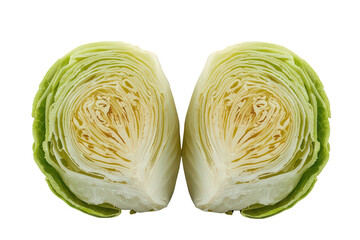 Obraz premium Fresh green cabbage head cut in half, revealing the layers and core structure of the healthful vegetable,