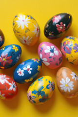 Fototapeta premium Group of colorful Easter eggs on a bright yellow background
