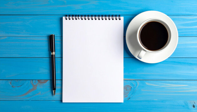 Top view workspace with blank spiral notebook, pen, and cup of coffee on blue wooden table, copy space, for writing, planning, productivity concepts, and business mockups.