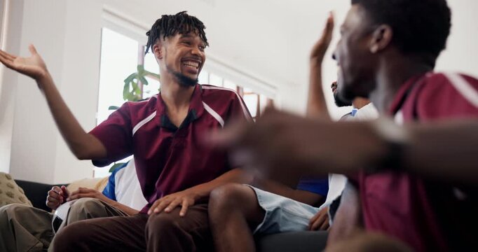 Celebration, excited and friends watching tv in home, rival teams or competitive fans for football game. Handshake, below or people with soccer match live stream on sofa, frustrated or happy for goal