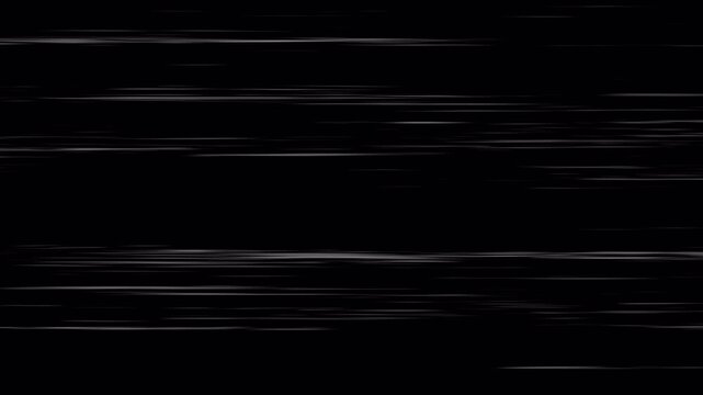 Abstract horizontal speed lines with subtle light streaks on a black background for overlay. fast motion light trails on black background in sleek minimal style for transition. 4K Video