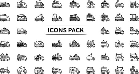 Detailed Line Art Icons Pack of Specialized Trucks and Mobile Event Vehicles: Food, Stage, Carnival, Service, and Commercial Transport Outlines © pixraw