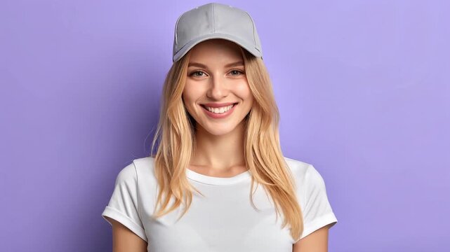 Smiling woman in white shirt against purple background conveying approachable modern lifestyle portrait