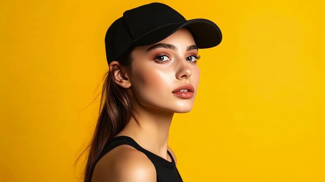 Fashion portrait of woman wearing black cap against yellow background expressing bold modern style