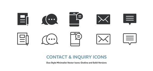 ノートとペン、吹き出し、スマホのメッセージ、メール等のベクターアイコンセット。線画と塗りのアイコン © september55