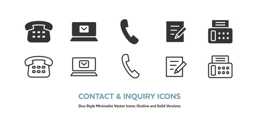 固定電話、FAX、書類とペン、ノートPCとメールのアイコンのセット。線画と塗りのベクターアイコン © september55