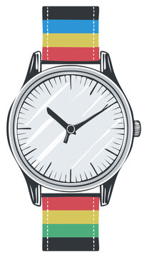 Stylish wristwatch illustration with colorful striped band fashion accessory timekeeping instrument