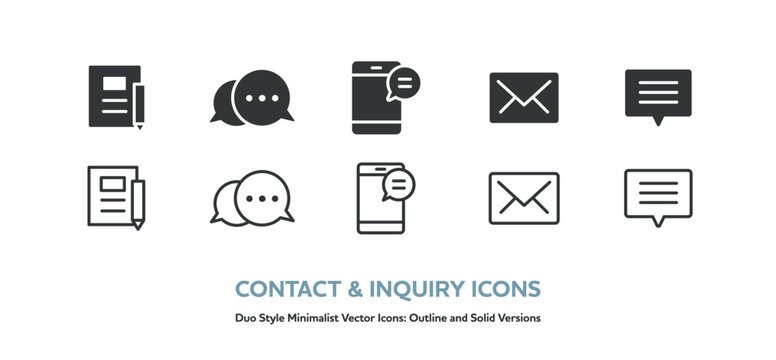 ノートとペン、吹き出し、スマホのメッセージ、メール等のベクターアイコンセット。線画と塗りのアイコン