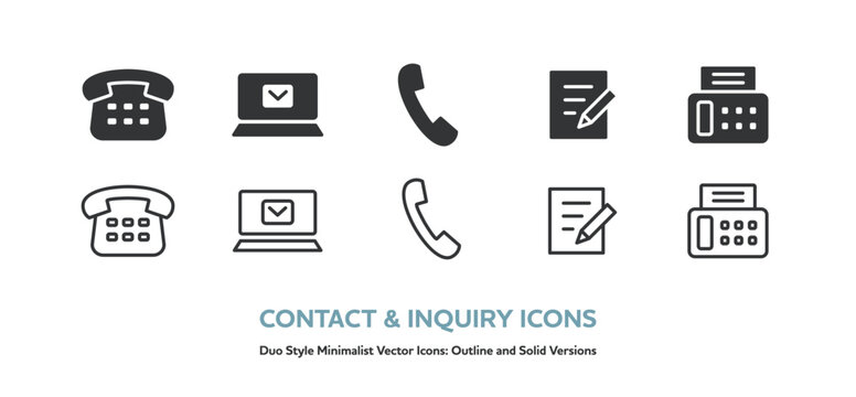 固定電話、FAX、書類とペン、ノートPCとメールのアイコンのセット。線画と塗りのベクターアイコン