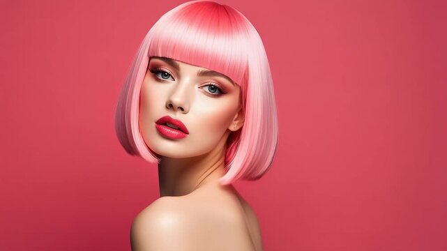 Pink bob haircut woman facing camera on vivid pink background creating bold modern beauty wallpaper portrait
