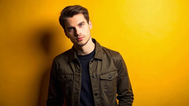 Young man posing against yellow background in casual jacket forming modern lifestyle portrait