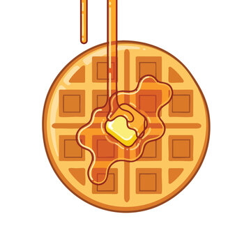 Golden round waffle generously drizzled with melted butter and sweet syrup