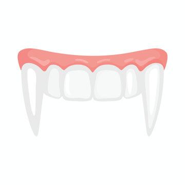 Cartoonish vampire teeth with sharp fangs and pink gums