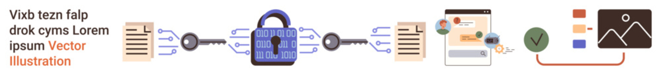 Data security, encryption, cybersecurity, digital storage, file management, information protection. Central lock surrounded by files, flowchart elements and digital icons. Data security © robu_s