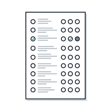 Multiple choice test paper with selected and unselected answer bubbles
