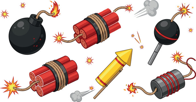 Cartoon Explosive Bomb and Dynamite Icon Set with Detonators Fire Sparks and Fuse Elements for Danger Warning Action and Game Design Projects